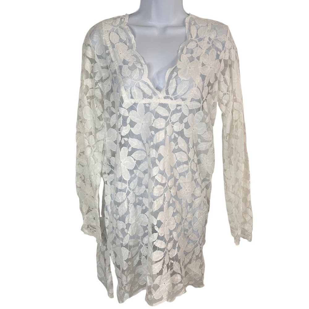 NWOT J Valdi Women's M Ivory Sheer Floral Lace V-Neck Bell Sleeve Swim Cover Up